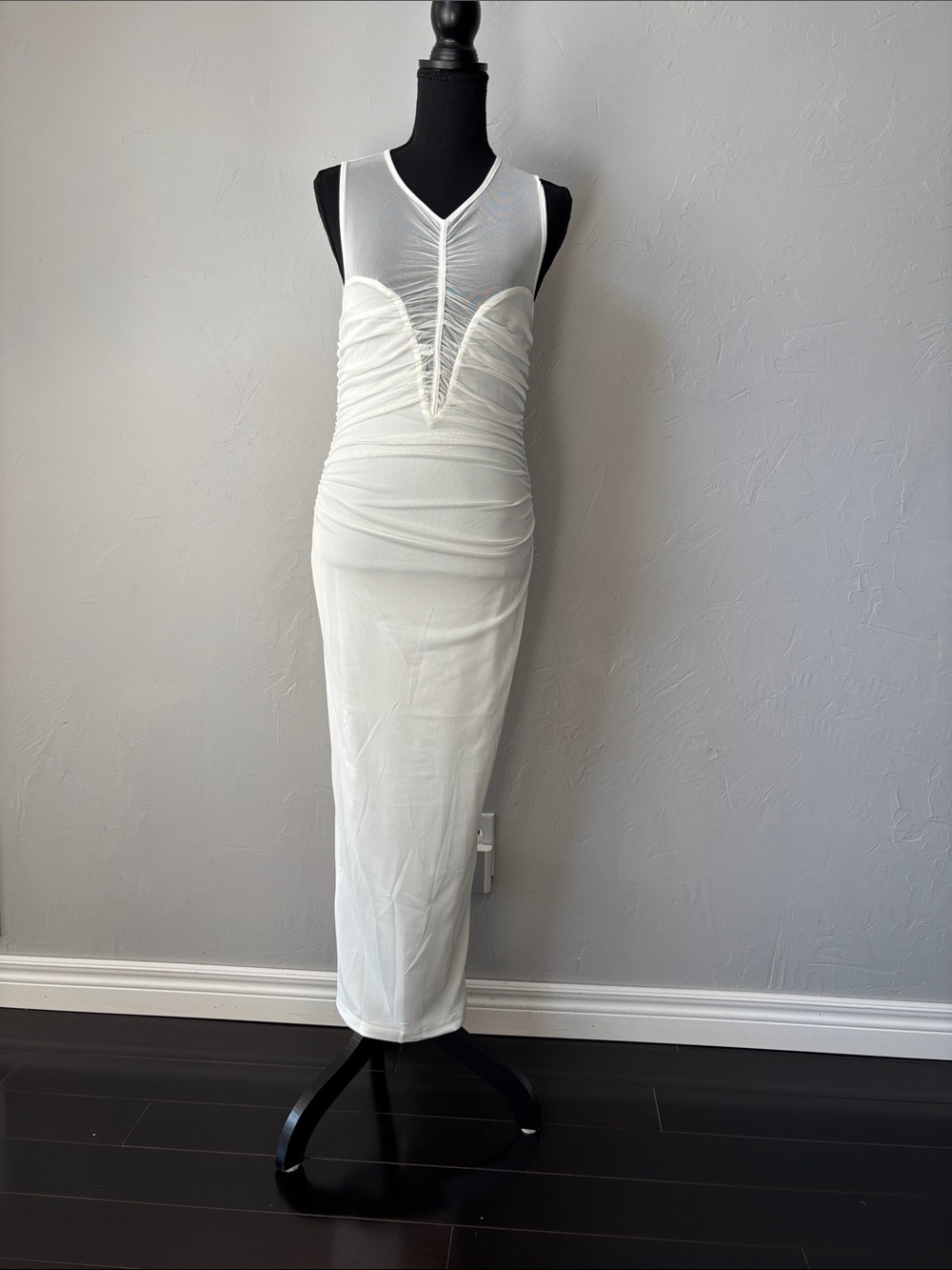 Away White Sheer-Panel V-Neck Ruched Maxi Dress